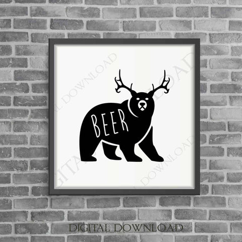 Beer Bear Deer Art Sign Download, Typography Art Print, Svg Saying Vector, svg ai pdf, Bear Clipart with Antlers, Gift for Dad, DIY Stencil - lasting-expressions-vinyl