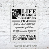 Life is like a camera - photography Quote Vector Digital Design Download - Vinyl Design Saying, Printable Quotes, typography art, life quote - lasting-expressions-vinyl