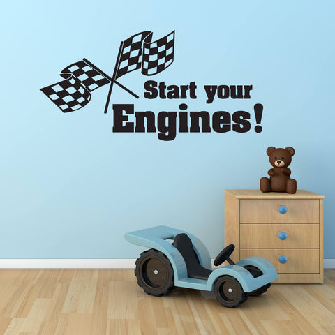 Race Car Nursery Decor, Vinyl Wall Sticker, Baby Boy Bedroom, Finish Flag, Kids car bed, boys room decor, Racing quote, start your engines - lasting-expressions-vinyl