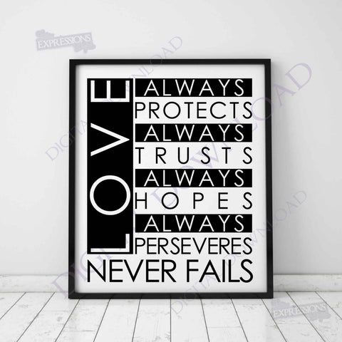 Love never fails SVG Clipart Saying Design Vector - Love Wedding Decor, Typography Art Wall Print, Bedroom Decor, Gift for her, SVG Quote - lasting-expressions-vinyl