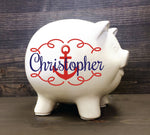 Piggy Bank Personalize Name Baby Gift, Custom Boys Piggy Bank, Nautical Anchor Nursery Decor, Baptism Personalized Baby Gift, Coin Bank - lasting-expressions-vinyl