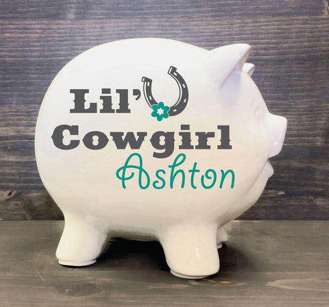 Piggy Bank Custom Name Baby Gift, Personalized Children's Birthday Gift, Cowgirl Girl Nursery Decor Sign, Horse Baby Gift for Newborn - lasting-expressions-vinyl