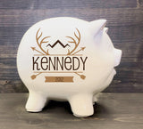 Piggy Bank with Name, Custom Forest Animal Gift for Baby boy, Baby shower decor, kid first birthday, white ceramic bank - lasting-expressions-vinyl