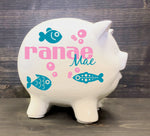 Name Piggy Bank with Vinyl Decal, Personalized Kids Birthday, Ocean Baby Room, Gift for Newborn, Birth Information Bank, White Ceramic - lasting-expressions-vinyl