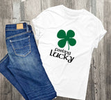 Lucky St Patricks Day Shirt, women's tank top, love arrow graphic tee, his and her shirts, black racerback tank top, Four leaf clover green - lasting-expressions-vinyl