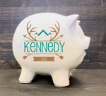 Piggy Bank with Name, Custom Forest Animal Gift for Baby boy, Baby shower decor, kid first birthday, white ceramic bank - lasting-expressions-vinyl