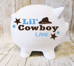 Cowboy Piggy Bank with Baby Name - lasting-expressions-vinyl