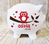 Ceramic Owl Piggy Bank with Name, Baby Girls Owl Nursery Decor - lasting-expressions-vinyl