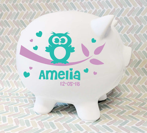 Ceramic Owl Piggy Bank with Name, Baby Girls Owl Nursery Decor - lasting-expressions-vinyl