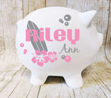 Piggy Bank Customized with Name, Surfer Baby Nursery Decor, Nautical Baby Boy Gift, Gift for Grandson, Personalized Gifts for Kids Name Sign - lasting-expressions-vinyl