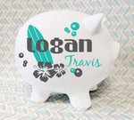 Piggy Bank Customized with Name, Surfer Baby Nursery Decor, Nautical Baby Boy Gift, Gift for Grandson, Personalized Gifts for Kids Name Sign - lasting-expressions-vinyl