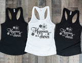 Happiness Quote Unisex Graphic Tee, Custom Saying on Shirt, Inspirational Gift for Friend, Happiness is a choose Quote, Women's Black Tank - lasting-expressions-vinyl