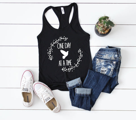 One Day At A Time Quote Graphic Tee, Women's Motivational Saying on Shirt, Inspirational Saying Tank Top, Sobriety Anniversary Gift Friend - lasting-expressions-vinyl