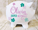Girls Piggy Bank with Name, Flower Piggy Bank - lasting-expressions-vinyl