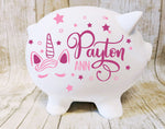 Personalized Girls Piggy Bank, Unicorn Baby Gift, Granddaughter First Birthday, Ceramic Piggy Bank with Name, Unicorn Girls Nursery Decor - lasting-expressions-vinyl