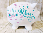 Personalized Girls Piggy Bank, Unicorn Baby Gift, Granddaughter First Birthday, Ceramic Piggy Bank with Name, Unicorn Girls Nursery Decor - lasting-expressions-vinyl