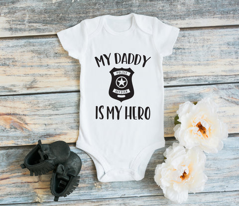 Dad Hero Kids Shirt, My Dad's My Hero Baby Bodysuit, Dad Birthday Baby Outfit, Cop Baby Shirt, Dad Birthday, Cop Father Gift, Baby One Piece - lasting-expressions-vinyl