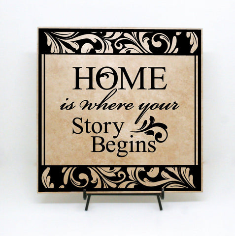 Home Decor Plaque Sign, First Home Housewarming Gift, Client Realtor Thank You Gift, Home Story Begins Quote Sign, Welcome Home Wood Sign - lasting-expressions-vinyl